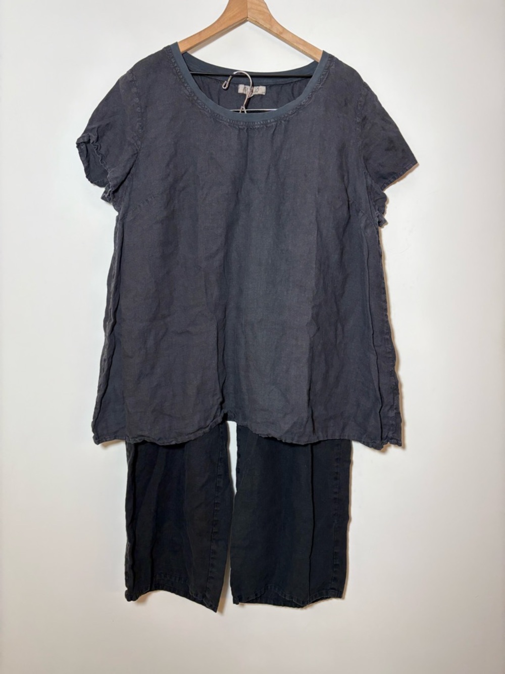 FLAX Two Piece Set 100% Linen Short Sleeve Top 1G & Pull-On Pant 1G Black XL